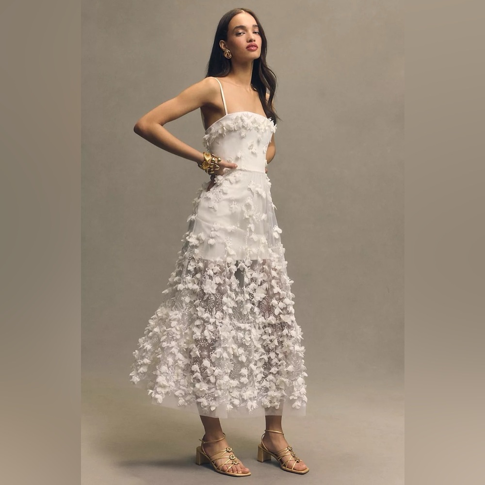 NWT Anthropologie Helsi Audrey Square-Neck Floral Applique Sheer Midi Dress